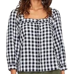 Sanctuary NWT Black White Gingham Square Neck Puff Sleeve Button Front Blouse M